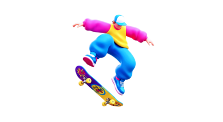 3d cartoon skater rad air, 90s style, colorful vibe, extreme sport action, freestyle master, isolated on transparent background