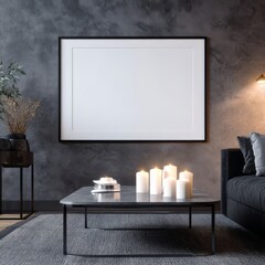 Elegant minimalist living room with a large white canvas in black frame on gray wall, modern dark stone coffee table,