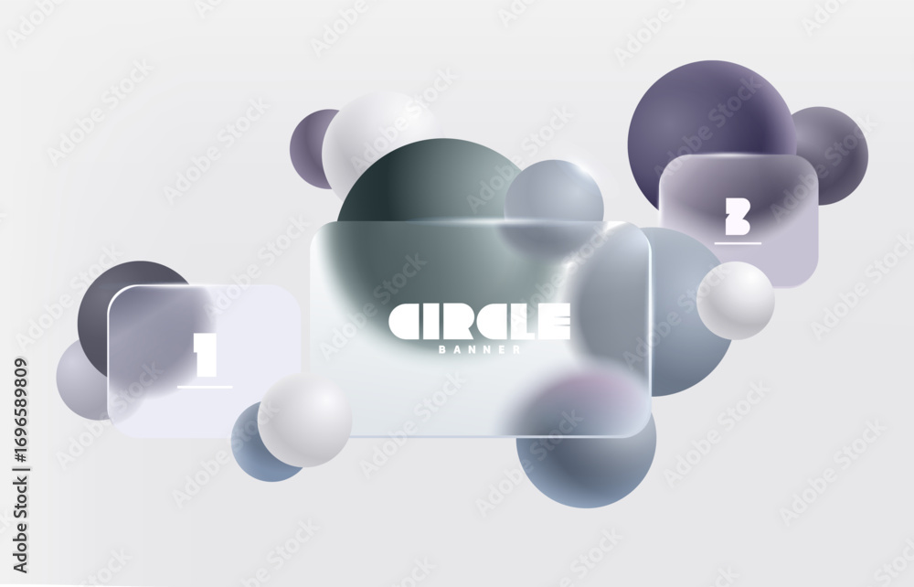 Poster transparent rectangles and balls in glass morphism style. vector geometric shapes on white backgroun