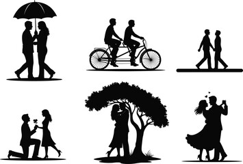 Romantic couple silhouette vector, love scenes, dancing, proposal, umbrella, bicycle, tree embrace, black illustration, affectionate moments, relationship concept, stock art