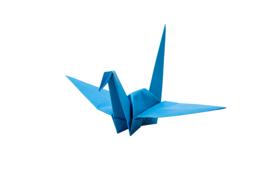 Blue Origami Crane Japanese Paper Bird on Black Background Closeup Studio Shot isolated on transparent background
