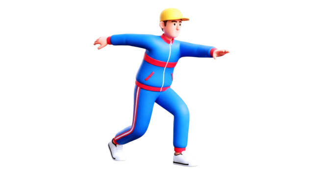 energetic 3d cartoon athlete dynamic running pose, active lifestyle, animation ready model, isolated on transparent background