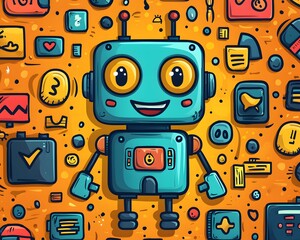 Cheerful Robot: a vibrant cartoon robot illustration, set against a whimsical background of digital icons and symbols, exuding charm and technological fascination.