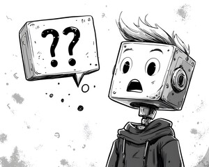 Inquisitive Robot: A sketch of a futuristic robot, its square head displaying an array of question marks, symbolizing curiosity and inquiry in a digital world.
