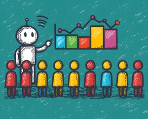 Robotic Presentation: A digital rendering showcases a friendly robot interacting with a diverse audience during a data presentation. It evokes innovation, teamwork.