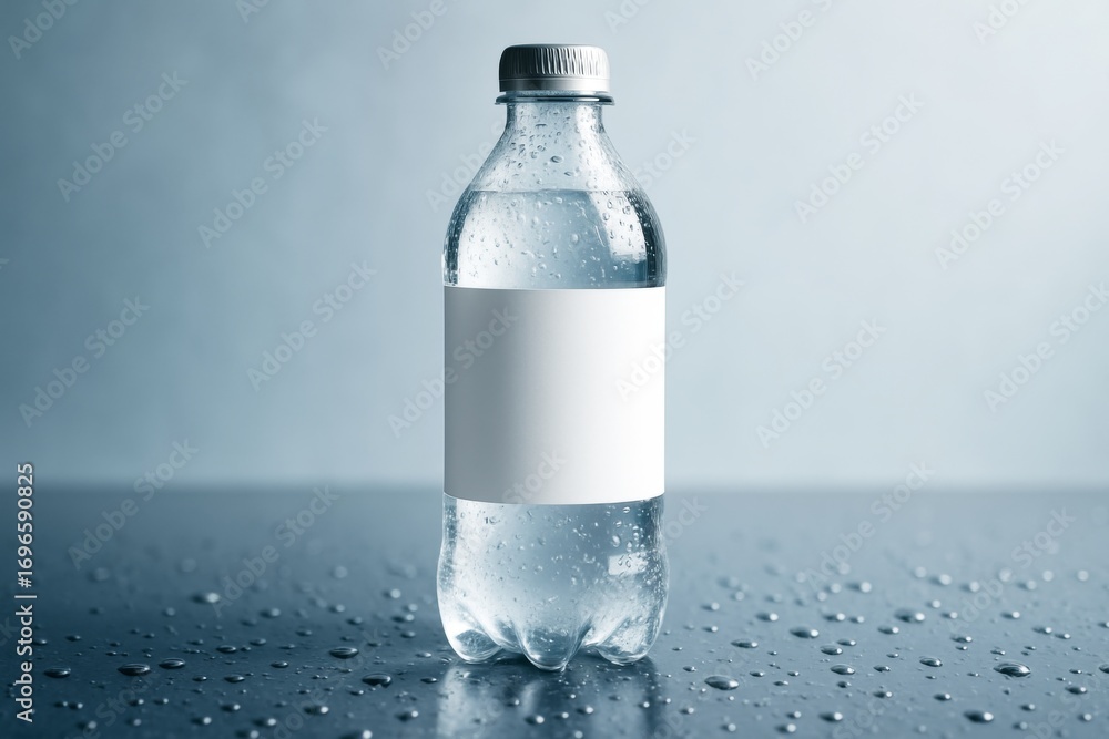 Poster blank label water bottle mockup with condensation drops on clean surface and light background for br
