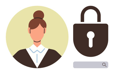 Portrait of a woman in formal attire next to a secure padlock and magnifying glass. Ideal for privacy, online protection, identity verification, data security, user authentication, cybersecurity