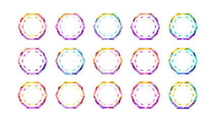 Fifteen colorful polygon frames arranged in a grid pattern on a clean white background scene view