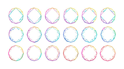 Geometric shapes arranged in a grid pattern with colorful gradient outlines on a white background