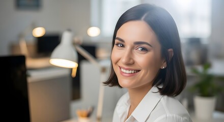 A smiling young woman with short brown hair, wearing a white blouse, sitting at a desk in an office with a laptop and a lamp in the background.