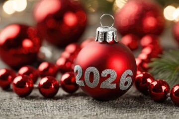 Red christmas ball showing 2026 with garland and bokeh lights
