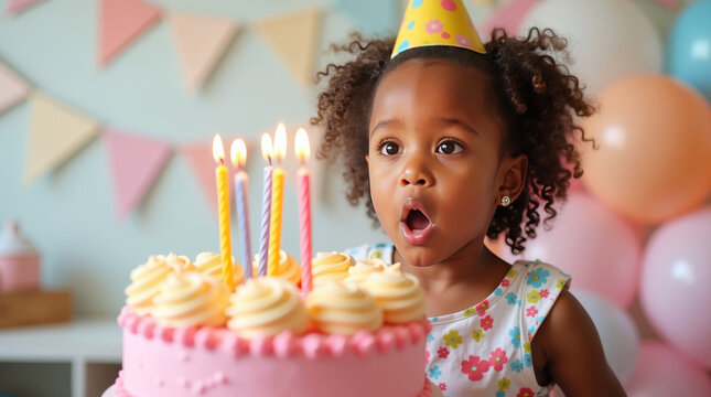 Charming little girl blowing out candles on cream cake, wearing colorful cone-shaped party hat, captured in joyful festive atmosphere