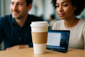 Close-up of blank coffee cup with cardboard sleeve on desk in office setting with people and laptop in background for branding mockup template. Ai generative