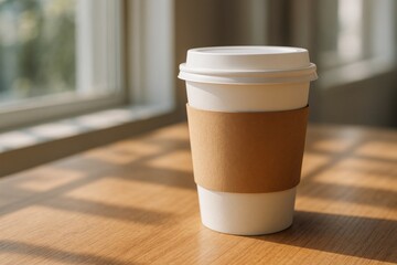 Blank white takeaway coffee cup with brown sleeve on wooden table in sunlight near window, perfect for branding mockup or presentation layout.