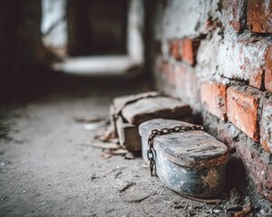 A rusty box bound by chains appears on a dusty floor in an abandoned building, enhancing the eerie atmosphere