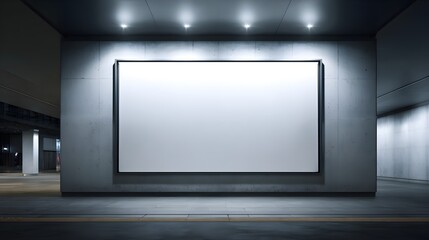 Fototapeta premium Empty billboard mounted on a concrete wall at night, showcasing a neutral backdrop for potential promotional design.