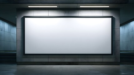 Fototapeta premium Empty billboard mounted on a gray concrete wall inside a dark underground passageway, illuminated by overhead lights.