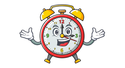 Cartoon alarm clock face illustration time management schedule reminder deadline appointment urgency concept on transparent background