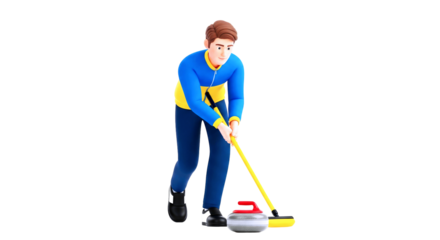 focused cartoon curler precise stone placement, winter sports action, 3d render, isolated on transparent background