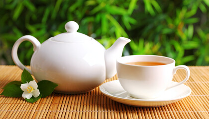 Fototapeta premium A white teapot and teacup sit on a bamboo mat, next to a flower.