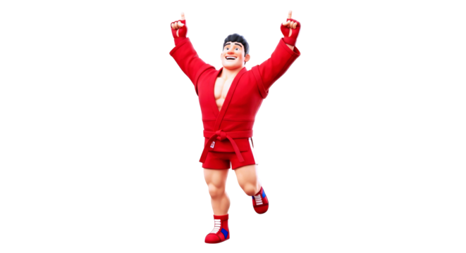 triumphant cartoon sumo wrestler victory celebration, red outfit, championship joy, isolated on transparent background