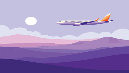 Fototapeta premium Airplane flying over a majestic purple mountain range during sunrise. Flat vector illustration for travel and transportation