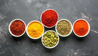 Overhead shot of various colorful spices arranged in small white bowls on a dark textured surface.