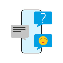 Smartphone with chat bubbles showing text, question, and emoji—symbolizing digital communication, messaging, and emotional interaction.