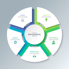 Obraz na płótnie Canvas Infographic circle with 5 steps, parts, options. Cycle diagram that can be used for report, business analytics, data visualization, presentation, educational content.