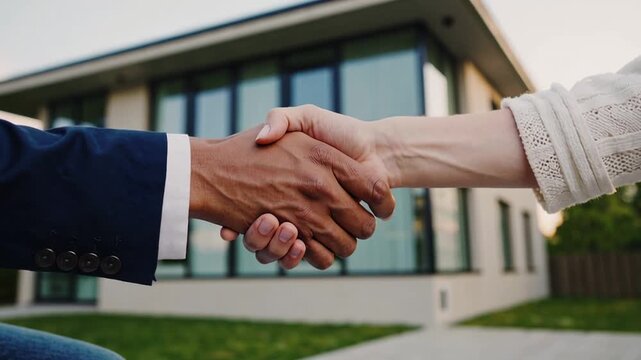 Real estate professionals sealing property transaction through firm handshake, representing collaborative success in high end residential market