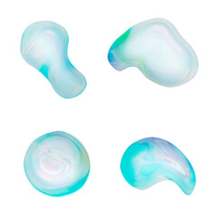 Set of shiny blue soap bubbles. Colourful droplets illustration set isolated. Holographic gradient plastic or water drops on white. Blowing soap bubbles for baby or children product design.