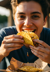 A happy young person enthusiastically eats a delicious hard-shell taco filled with meat and cheese outdoors.