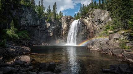 Waterfall and Pool with Rainbow in Rocky Forest