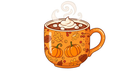 Autumn hot cocoa mug with pumpkins leaves and whipped cream seasonal beverage vector illustration graphic on transparent background