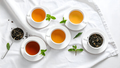 Overhead view of five teacups filled with tea, arranged on a white cloth, with tea leaves.