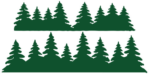 Obraz premium Fir trees silhouettes set. Coniferous spruce horizontal background patterns, black evergreen woods vector illustration. Beautiful hand drawn panorama with treetops forest. Black pine woods Forest