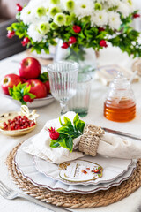 Holiday table decor. Rosh hashanah jewish New Year holiday concept.	