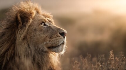 Obraz premium Majestic lion portrait, head and shoulders, at dawn, with a golden light highlighting its regal features.