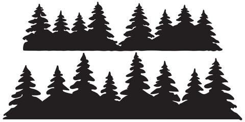 Obraz premium Fir trees silhouettes set. Coniferous spruce horizontal background patterns, black evergreen woods vector illustration. Beautiful hand drawn panorama with treetops forest. Black pine woods Forest
