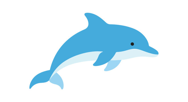 Illustrative cartoon rendering of a blue dolphin leaping gracefully against a pristine white background showcasing simplistic design and smooth