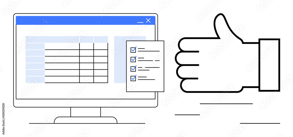 Poster desktop monitor displaying a table and checklist, accompanied by a thumbs-up gesture. ideal for prod