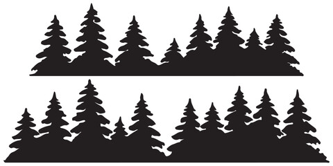 Fototapeta premium Fir trees silhouettes set. Coniferous spruce horizontal background patterns, black evergreen woods vector illustration. Beautiful hand drawn panorama with treetops forest. Black pine woods Forest