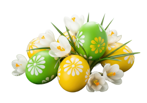 Vibrantly decorated Easter eggs with green & yellow floral patterns, white crocuses on lush grass, soft natural daylight, transparent background with copy space. Spring Easter concept.
