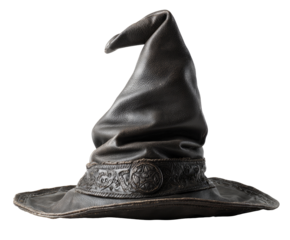 Dark, pointed wizard's hat with leather trim