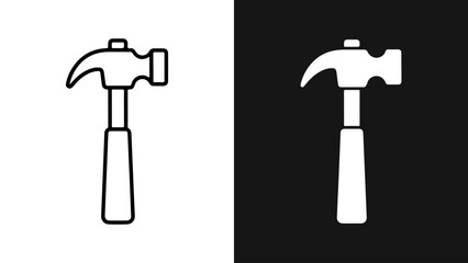 Minimalist Claw Hammer Tool Icon in Outline and Solid Styles on Contrasting Backgrounds