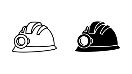 Mining Helmet with Headlamp Icon, Outline and Silhouette Versions