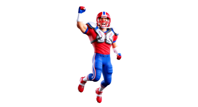 3d cartoon football player triumphant victory leap, celebratory action, dynamic pose, red and blue uniform, isolated on transparent background
