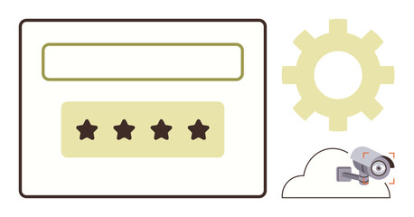 Password entry with four stars, cloud with a CCTV camera, and gear icon. Ideal for technology, cybersecurity, surveillance, privacy, data storage cloud security online protection. Simple flat