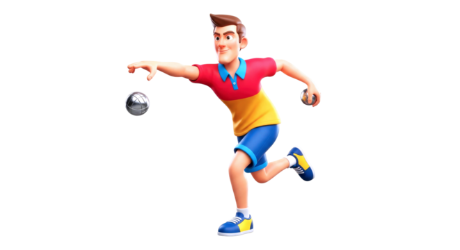 3d cartoon bocce player dynamic throw, precise aim, summer fun, isolated on transparent background