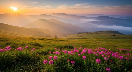 Obraz premium Wildflower meadow with misty mountains at sunrise wildflowers